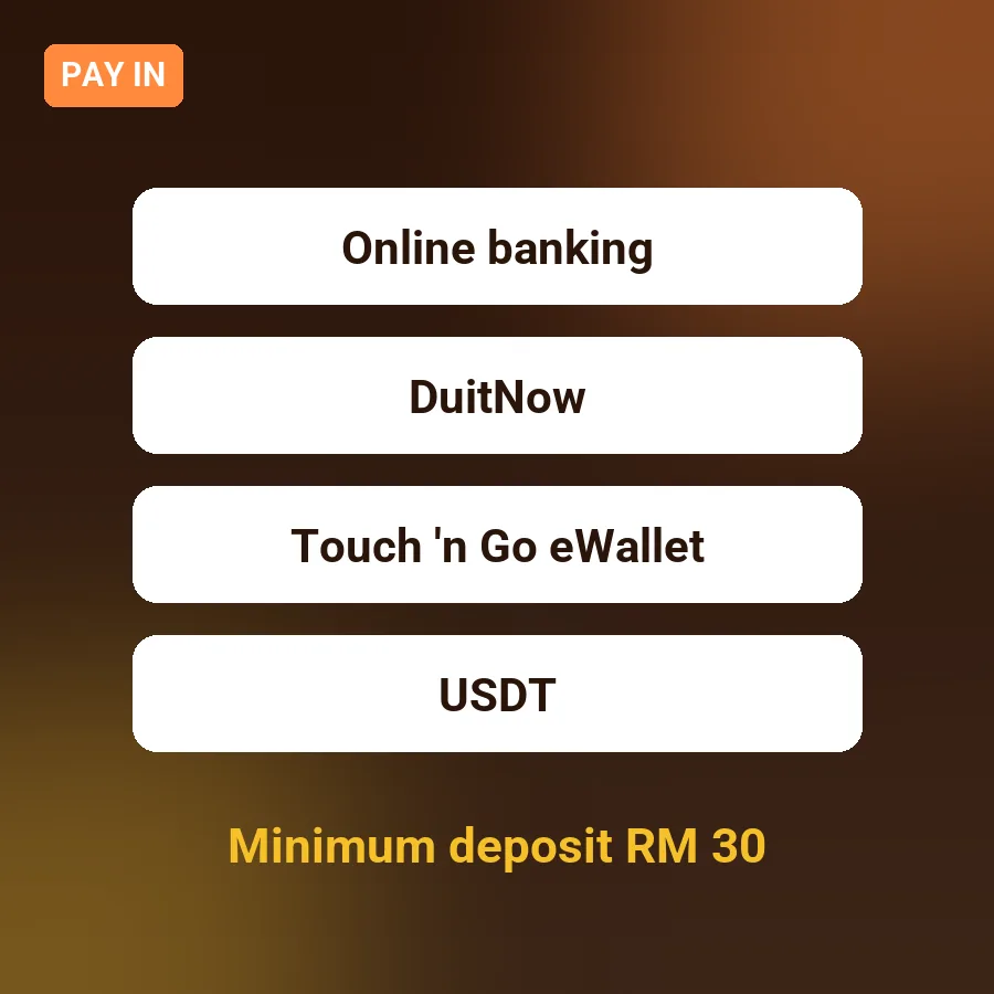 Pay in by online banking, DuitNow, Touch 'n Go eWallet or USDT, minimum deposit RM 30