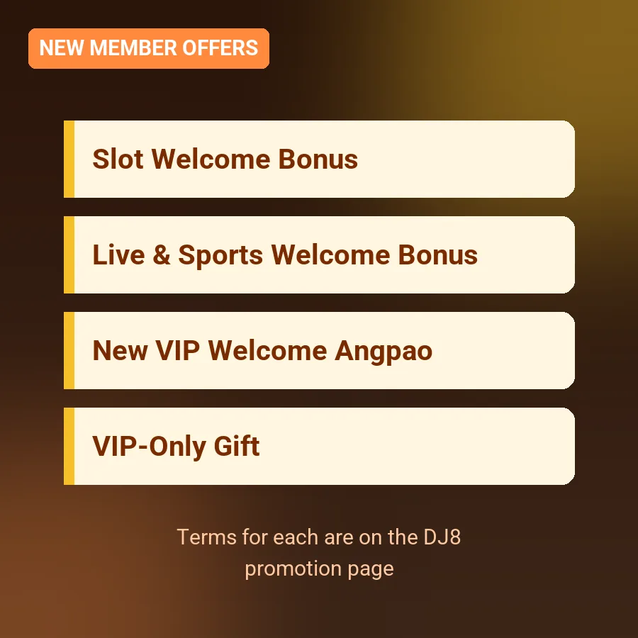 DJ8 new member offers: Slot Welcome Bonus, Live & Sports Welcome Bonus, New VIP Welcome Angpao and VIP-Only Gift