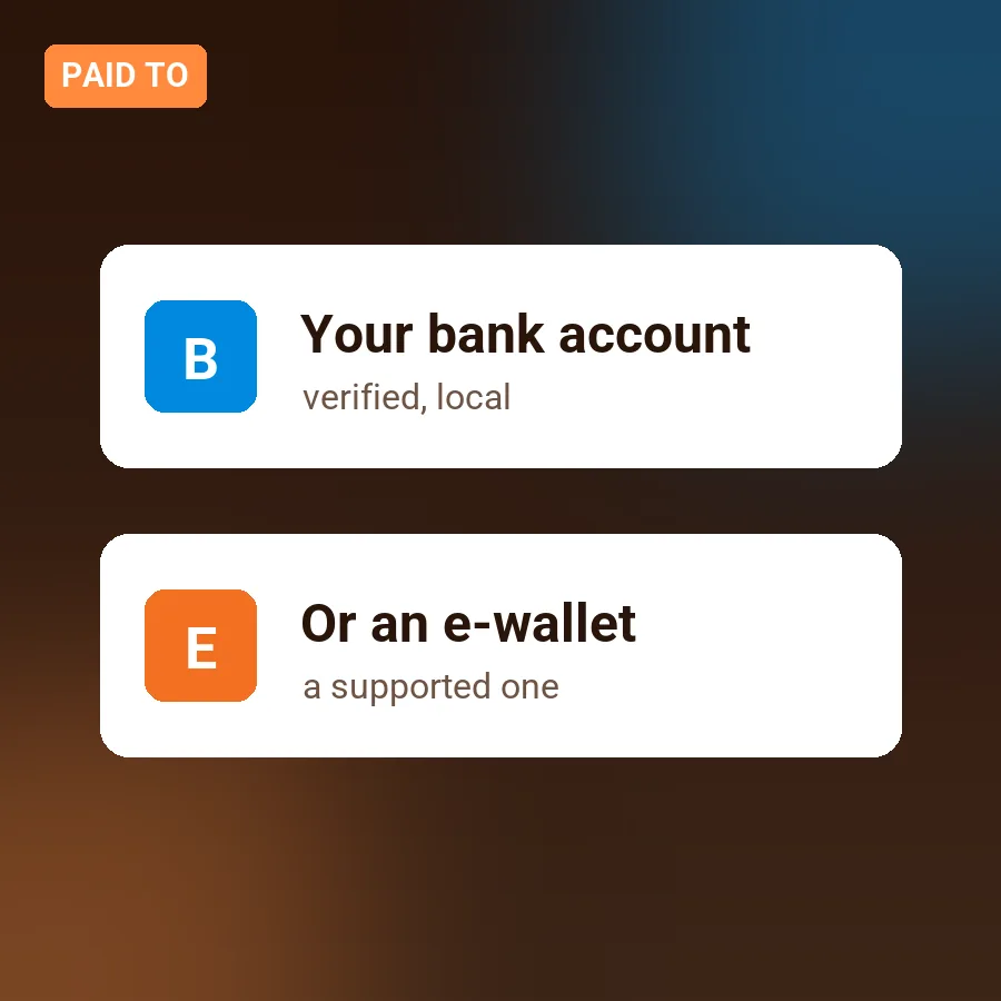 Withdrawals are paid to your verified local bank account or a supported e-wallet